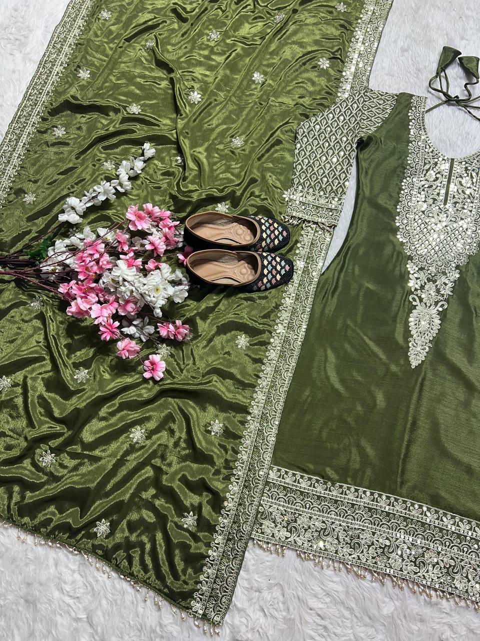 Deep Moss Satin Embellished Set